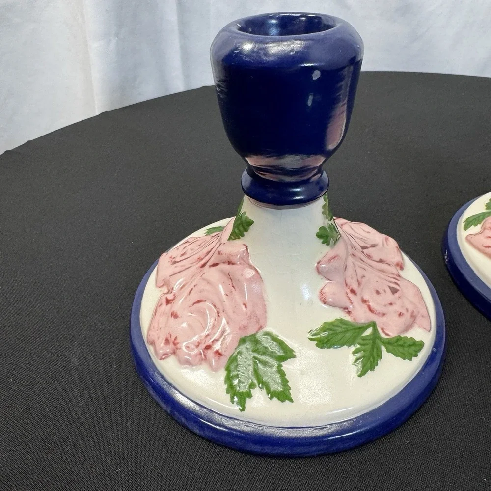 Vtg 1970s Hand Painted Folk Art Pottery Candle Stick Holders Pair‎ of 2